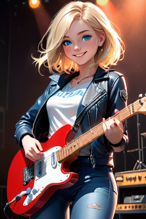 1 college girl; age 19; Slender, athletic; blonde hair; cheerful blue eyes; fair skin; smiling; average bust; trending on artstation; complex volumetric lighting; strong shadows; artistic lighting; dynamic; energetic vibe; realistic skin; specular highlights; micro-textures; highly detailed hair; standing on a sound stage holding a guitar; wearing a red leather jacket; blue jeans; white t-shirt and silver jewellery; rock performance