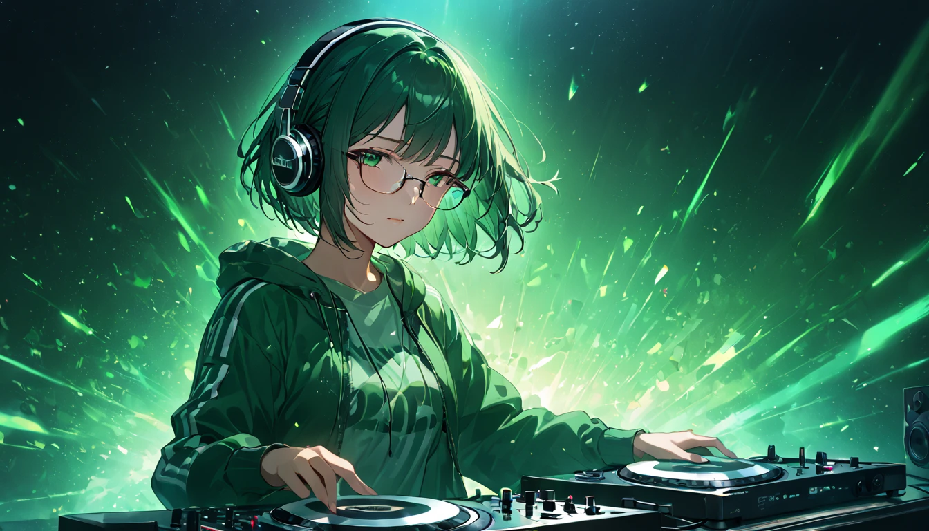 anime, deejay girl, DJ, DJ girl, headphones, High praise, (best image quality),masterpiece,highest quality,extremely be familiar with CG wallpaper, ultra_be familiar with,(cinematic lighting:1.1), (cold face), green eyes, 1 girl, alone, dark green_hair, short_hair, masterpiece, highest quality, Glasses