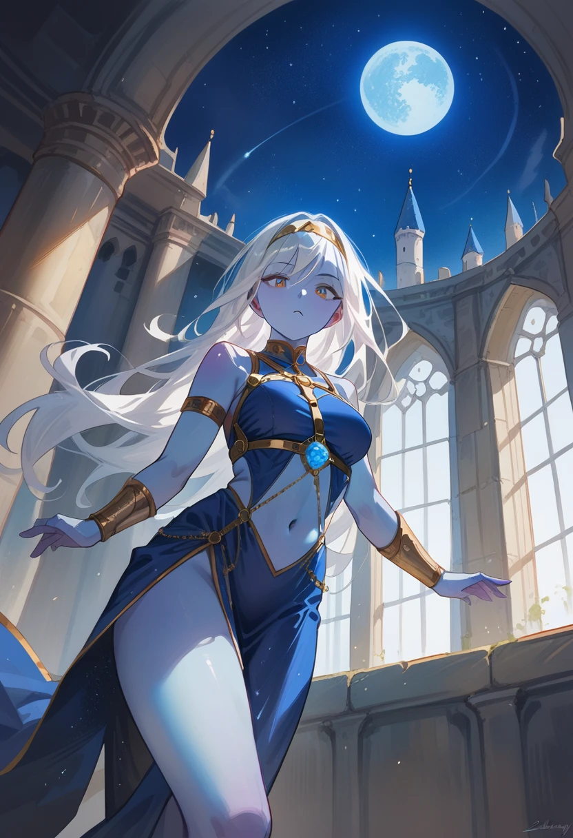 1 girl,(blue skin),colored skin,white hair,long hair,headband,blue gem on forhead,blue dress,gold ornament,gold harness,skimpy hip,bangs,deep of filed,cinematic lighting,floating,blue moon,starry sky,sleeveless,pov,look at viewer,castle,window,(SuperQuality:1.0) ~ (SuperQuality:1.2), AissistXLv2, unaestheticXL_bp5