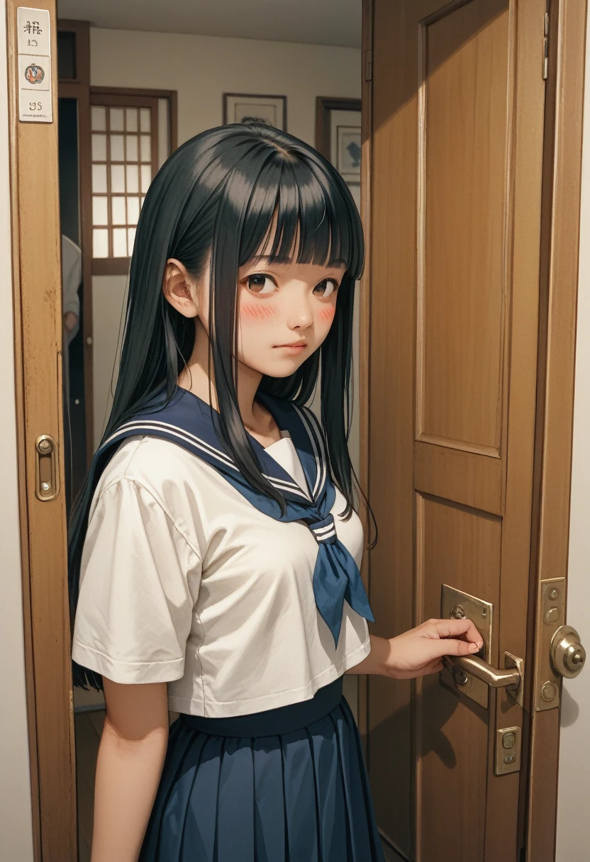 (drama,asian,imagem sem fundo:1.1)(watercolor:0.6)tareme,long hair,blunt bangs,small breasts,dark blue sailor collar,white sailor shirt,blush,open door,entrance