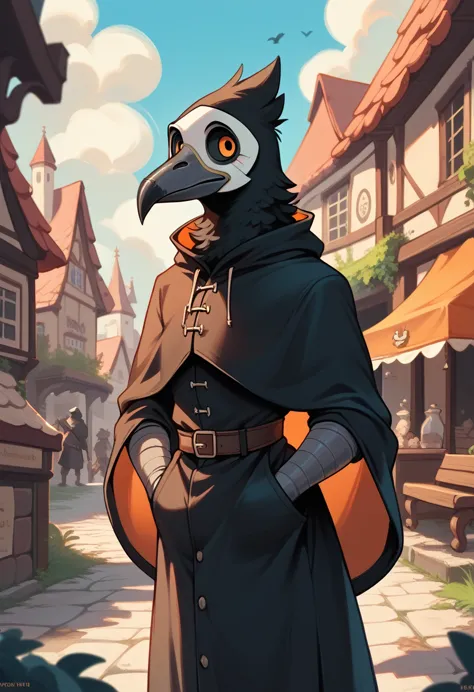 crow, (((crow))), corvid, furry, (pretty tall, thin), male, bright orange eyes, anatomically correct, ((outdoors, medieval town,...