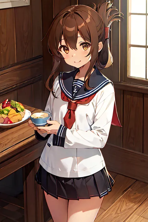 Best Quality, masterpiece, High resolution, Alone, {inazuma_Kantai Collection:1.15}, 茶色のhair, Folded_ponytail, Brown eyes, Seraph, length_hair, red面, open_mouth, smile, A young , Chibi，Very short stature，Flat Chest，Thin thighs，Small Ass，anchor_symbol, black_skirt, length_sleeve, look up_in_Viewers, neckerchief, , red_neckerchief, Sailor_collar, School_Uniform，Cunning gestures，