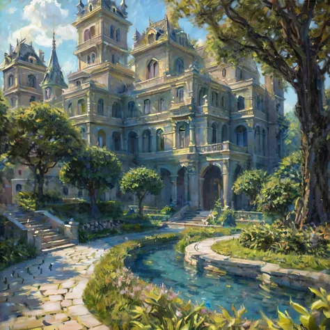 arafed view of a castle with a fountain and a garden, palace background, unreal engine fantasy art, elven palace of ghemathar, b...