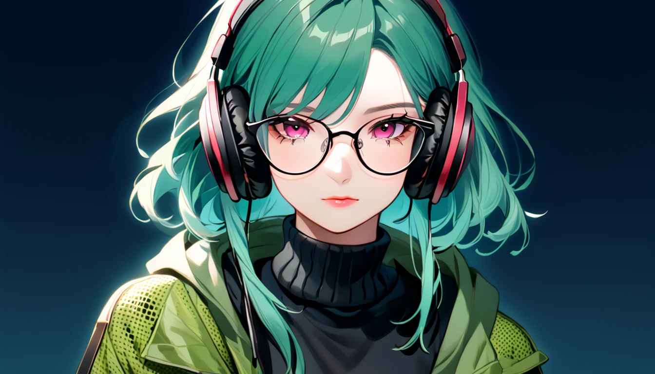 ((highest quality)), ((masterpiece)), (be familiar with), perfect face,white half-up hair,green mesh hair,Pink eyes,round glasses,cool black hoodie,headphones,black gloves,turtleneck,alone,icon