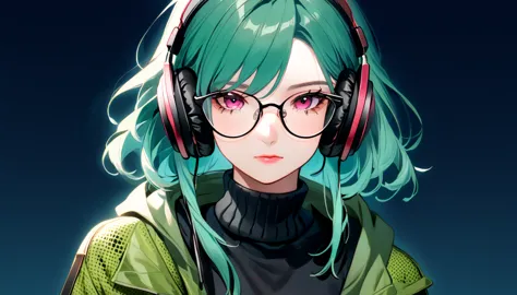 ((highest quality)), ((masterpiece)), (be familiar with), perfect face,white half-up hair,green mesh hair,pink eyes,round glasse...