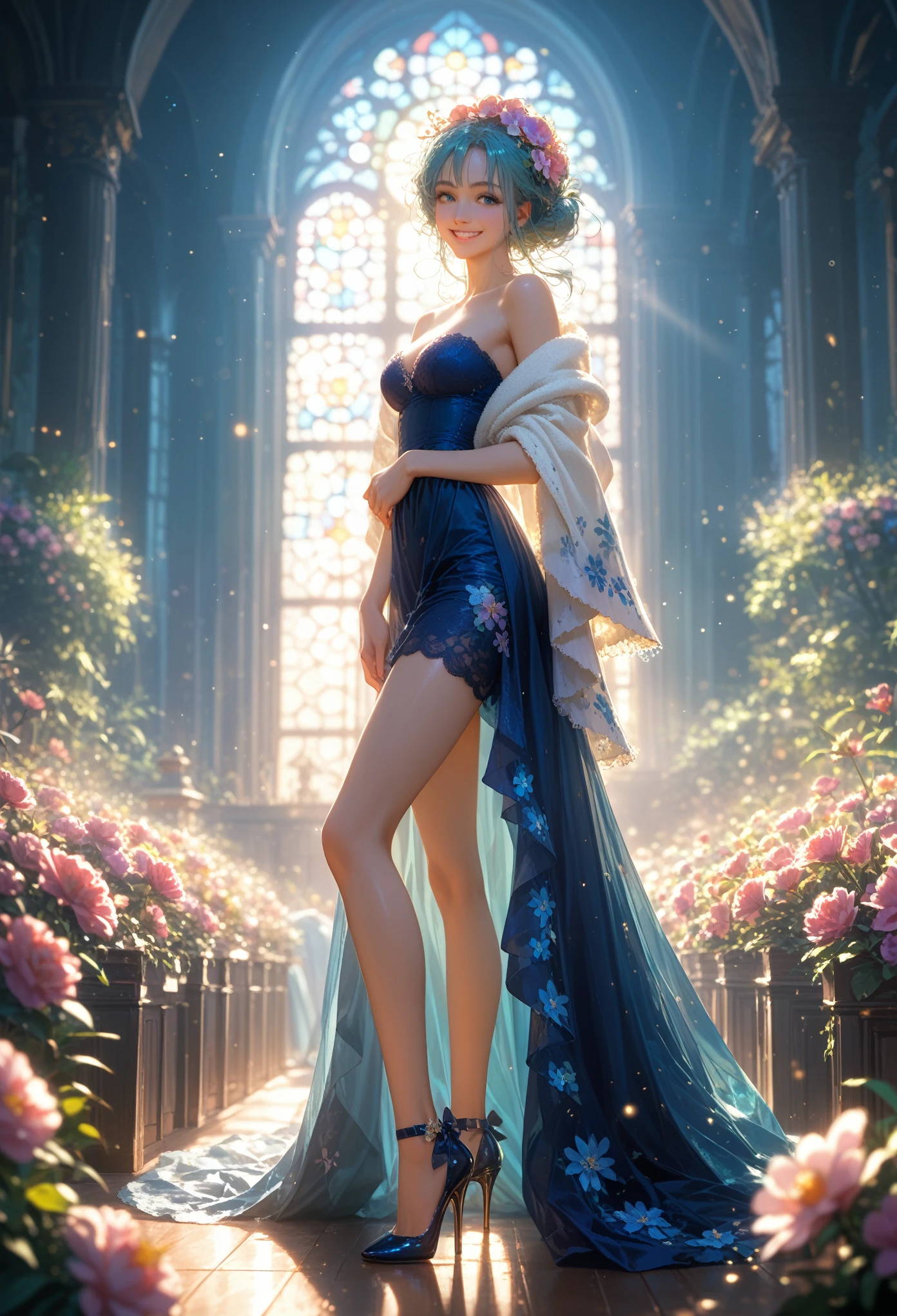 ultra high quality,Girl Sexy, high heel，Wearing a Lace Shawl，smile，sunlight，Blue Floral Skirt，Wear flowers on your head，charming，tape，high heel，long legs，Student, Full Growth Sparkles, glitters, disheveled hair, core_9, score_8_up, score_7_up, dramatic lighting, highly detailed, high budget, bokeh, cinemascope, moody, epic, gorgeous, film grain, grainy, masterpiece, best quality, perfect anatomy, very aesthetic, official art, 8k,