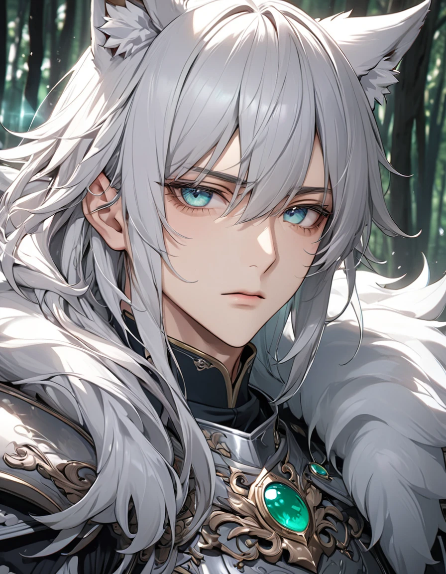 masterpiece, Top quality动漫插图, Very detailed, Extreme details, 16K, 2.5D, Delicate and dynamic, 1 male, Wolf ears，Silver hair, Jade eyes, Eye details，Beautiful eyes，Cold expression, Finely minced bangs, Exquisite facial features,Full body portrait，Knight Clothing，Unicorn Mount，The Forest，风 effect, Flash Effect, Top quality, Rich details, Perfect image quality