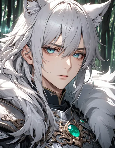 masterpiece, top quality动漫插图, very detailed, extreme details, 16k, 2.5d, delicate and dynamic, 1 male, wolf ears，silver hair, ja...