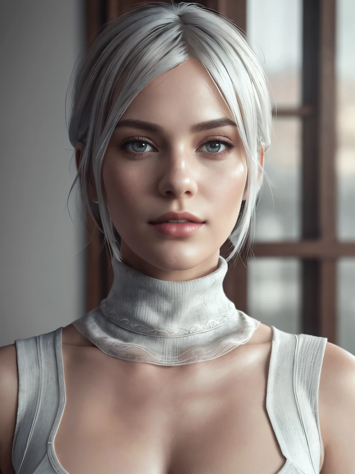  nier automata, Realistic, Photorealistic,cowboy shot,  white skin, and a soft face, (best quality, highres:1.2), 1girl, beautiful detailed eyes, beautiful detailed lips, extremely detailed eyes and face, long eyelashes,  show nipples, show vagina, spread legs,  HDR, studio lighting,  sharp focus, physically-based rendering, extreme detail description, portraitig breasts, perfect shape,  facing viewer, sweaty, gorgeous, appearing in full frame, sleeveless turtleneck, 1young girls, good-looking, One Girl, Wow,   Dress cutout, Old Western castle street background, Hair between the eyes, head band,  High resolution, Juliet Sleeve, Long sleeve, nier (series), Fluffy sleeves, Red lips, Lips with raised corners of the mouth, Smiling Lips, Shadow Face, short hair, alone, Turtleneck sweater,  l Blue-white silver hair, zero、{{masterpiece、highest quality、(((Realistic、Realistic:1.37)))、8K quality、very detailed and beautiful、It&#39;s a very impressive expression、Large file size、Very detailed}},,(((wide hips))), toned body, detailed eyes,、