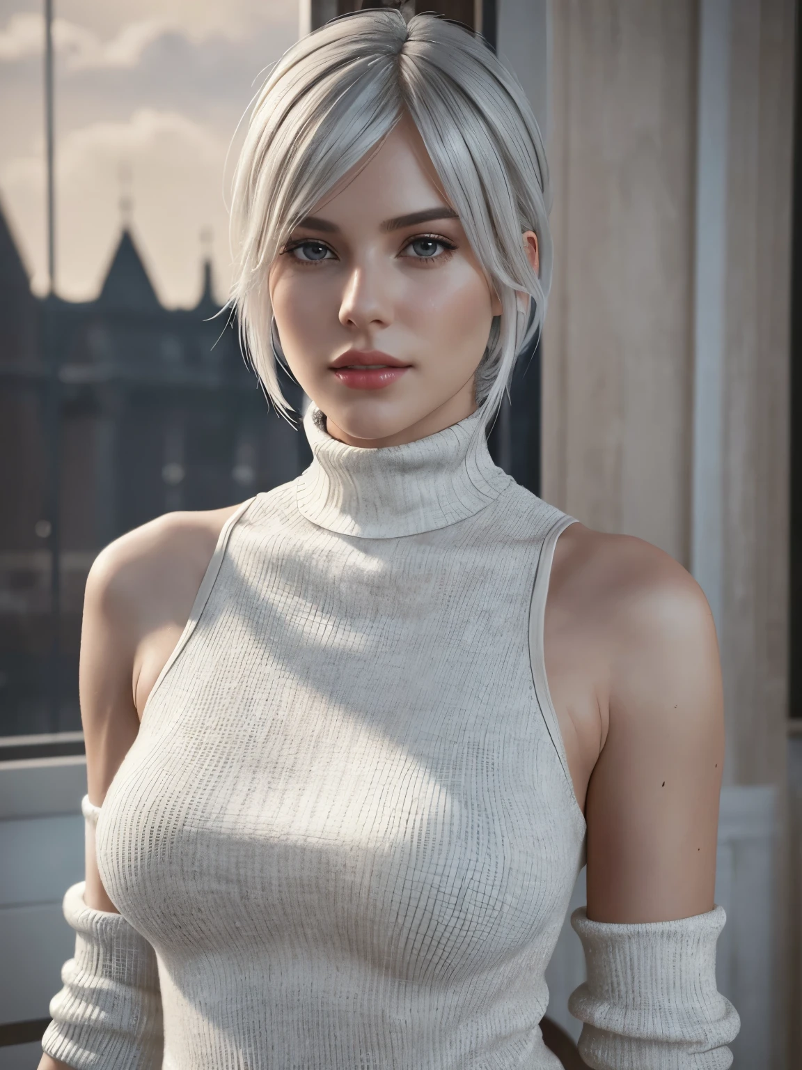  nier automata, Realistic, Photorealistic,cowboy shot,  white skin, and a soft face, (best quality, highres:1.2), 1girl, beautiful detailed eyes, beautiful detailed lips, extremely detailed eyes and face, long eyelashes,  show nipples, show vagina, spread legs,  HDR, studio lighting,  sharp focus, physically-based rendering, extreme detail description, portraitig breasts, perfect shape,  facing viewer, sweaty, gorgeous, appearing in full frame, sleeveless turtleneck, 1young girls, good-looking, One Girl, Wow,   Dress cutout, Old Western castle street background, Hair between the eyes, head band,  High resolution, Juliet Sleeve, Long sleeve, nier (series), Fluffy sleeves, Red lips, Lips with raised corners of the mouth, Smiling Lips, Shadow Face, short hair, alone, Turtleneck sweater,  l Blue-white silver hair, zero、{{masterpiece、highest quality、(((Realistic、Realistic:1.37)))、8K quality、very detailed and beautiful、It&#39;s a very impressive expression、Large file size、Very detailed}},,(((wide hips))), toned body, detailed eyes,、