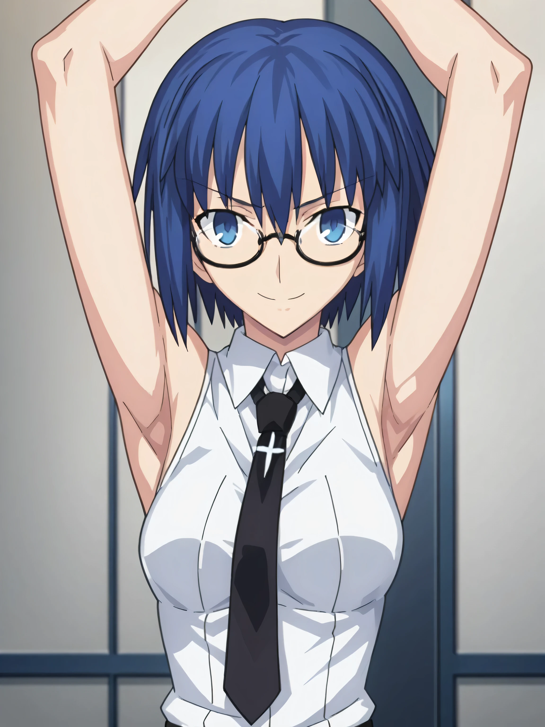 score_9, score_8_up, score_7_up, source_anime, anime screencap, indoors, ciel_sensei, blue eyes, blue hair, short hair, white shirt, collared shirt, sleeveless shirt, black necktie, long necktie, glasses, black-framed eyewear, sleeveless, bare shoulders, bare arms, looking at viewer, head towards viewer, smile, closed mouth, arms up, raised arms, fate_go_style