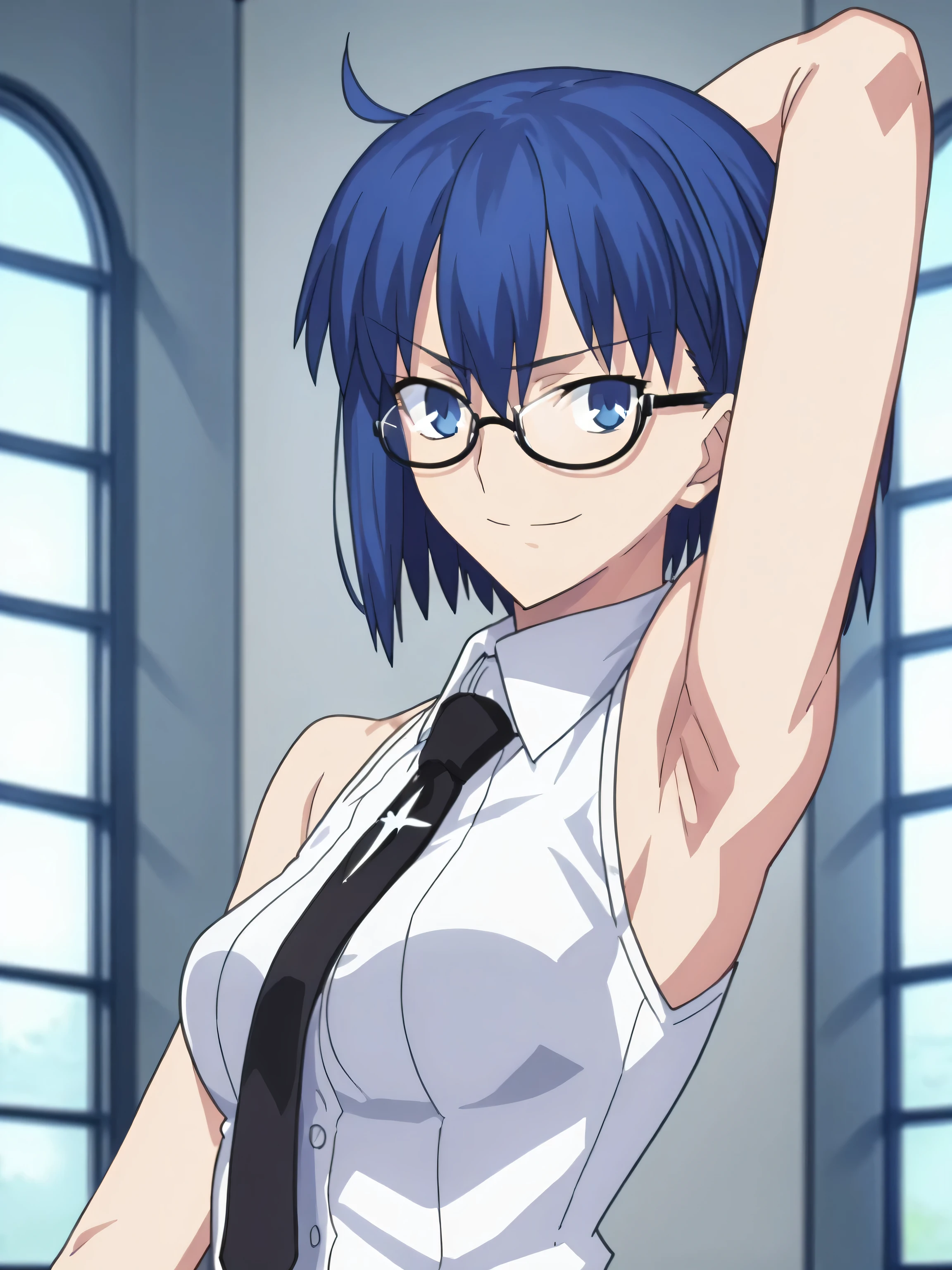 score_9, score_8_up, score_7_up, source_anime, anime screencap, indoors, ciel_sensei, blue eyes, blue hair, short hair, white shirt, collared shirt, sleeveless shirt, black necktie, long necktie, glasses, black-framed eyewear, sleeveless, bare shoulders, bare arms, looking at viewer, head towards viewer, smile, closed mouth, arms up, raised arms, fate_go_style