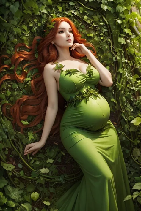 sexy pregnant bunny nature goddess, cleavage, green dress (dress created by vines leaves and plants:1.4), full body shot, sexy p...