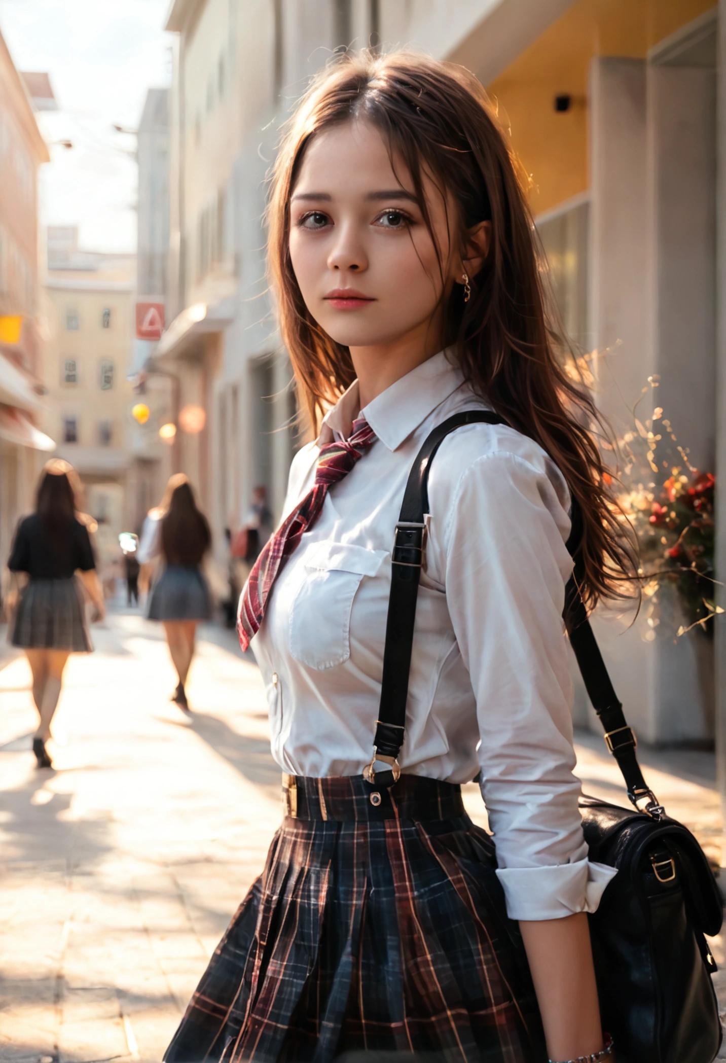 score_9, score_8_up, score_7_up, 1girl wearing school uniform, thighhigh, walking on the street, beautiful detailed eyes, beautiful detailed lips, extremely detailed face, longeyelashes, colorful, vibrant, cinematic lighting, (best quality,4k,8k,highres,masterpiece:1.2),ultra-detailed,(realistic,photorealistic,photo-realistic:1.37),cinematic color grading,70mm film, golden hour, cinematic mood, photographic, 1girl, outdoor, city street, urban environment, warm tones, soft lighting