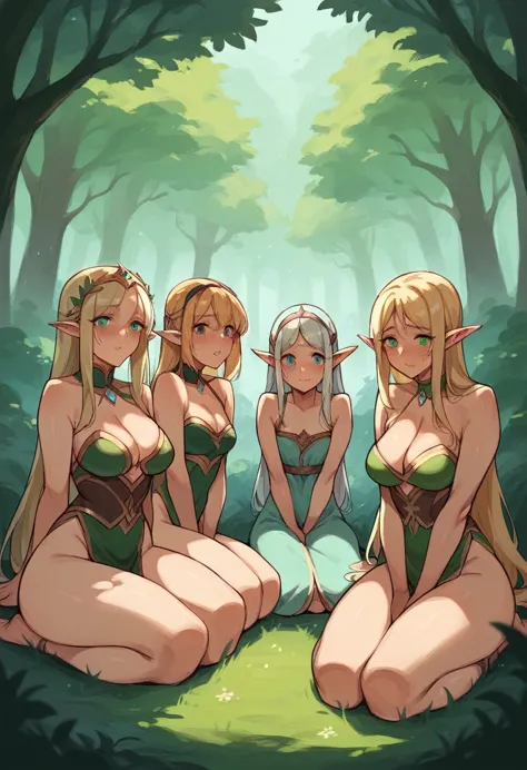 4 girls, high image quality, elf girl, beautiful, sexy, open thighs, sit together, sit flat, forest background, the light shines...