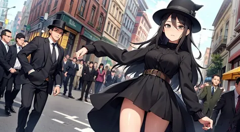 woman in the middle of a crowd on a main street, black hat, black boots, black long cardigan, white dress