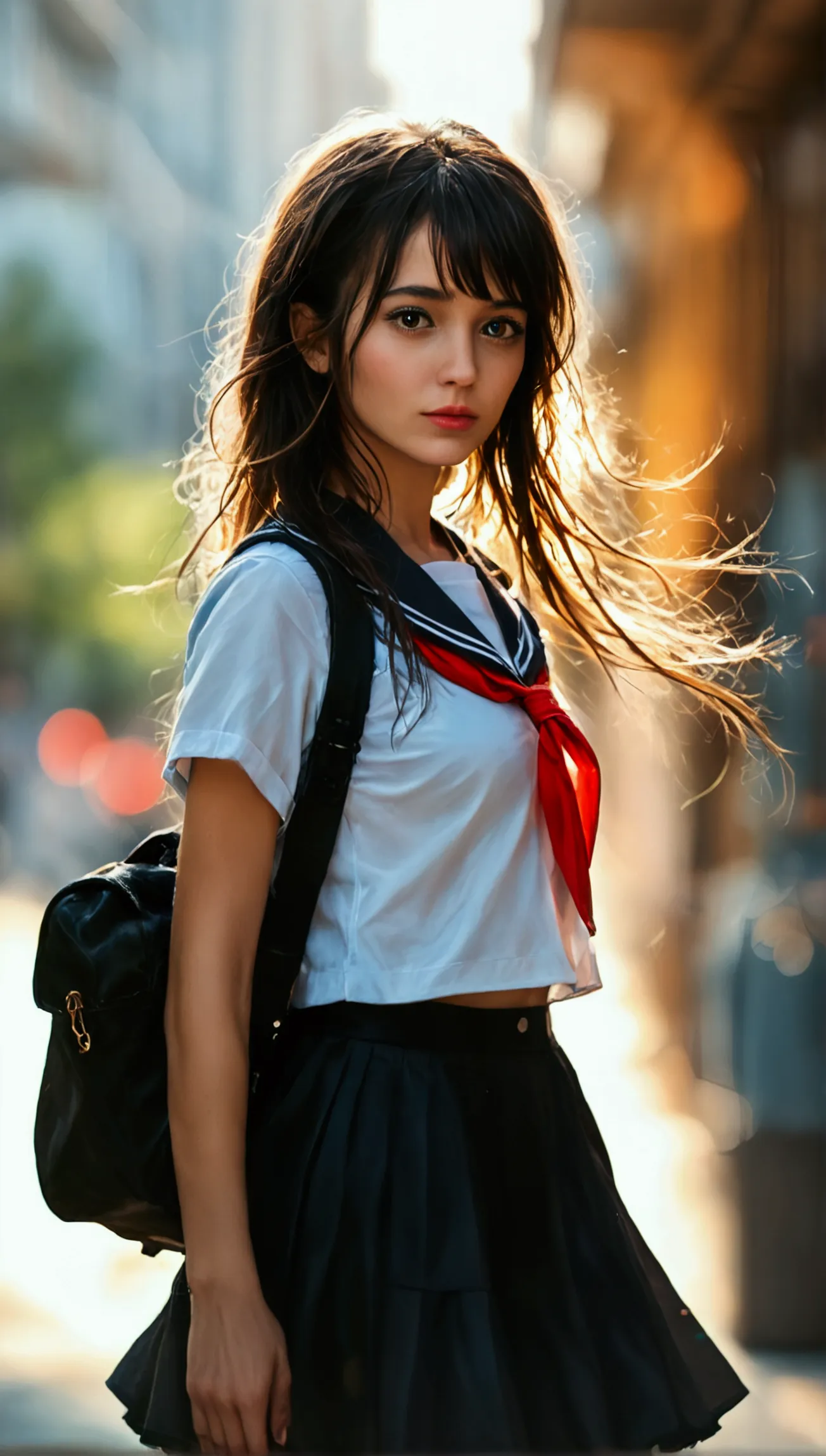 score_9, score_8_up, score_7_up, 1girl wearing school uniform, thighhigh, walking on the street, beautiful detailed eyes, beauti...