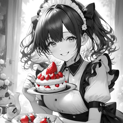 monochrome art,black and white grey,red,redが強調,((redい目,redいいちご)),holding a strawberry shortcake,smiling maid,masterpiece,best qu...