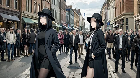 woman in the middle of a crowd on a main street, black hat, black boots, black long cardigan, white dress