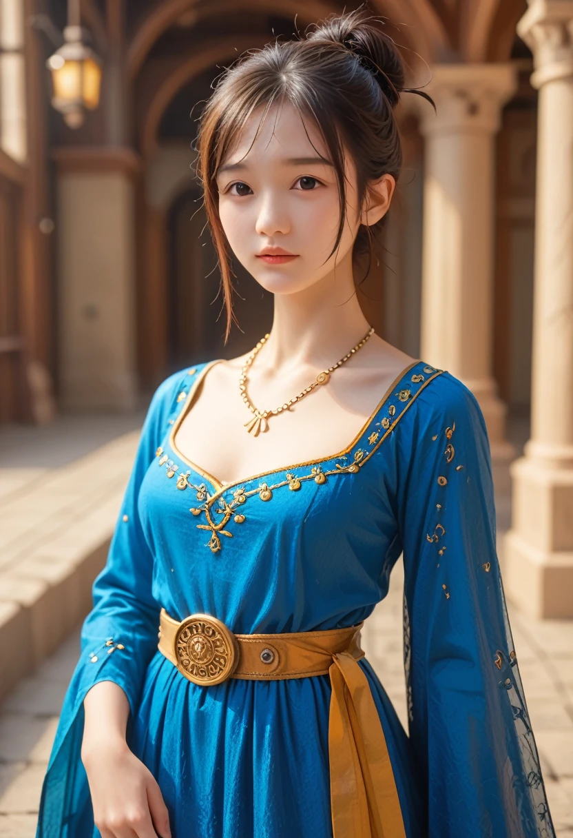 Arafeka in a blue dress with a golden belt and necklace, 3D rendering of characters 8k, trending on cgstation, Chengwei Pan on ArtStation, inspired by Lan Ying, 8K Artgerm Bokeh, High quality detailed 8K graphics, deviantart artstation cgscosiety, cgsociety 8k, cgsociety 8k