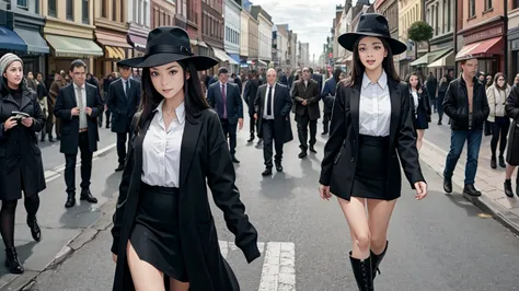 woman in the middle of a crowd on a main street, black hat, black boots, black long cardigan, white dress