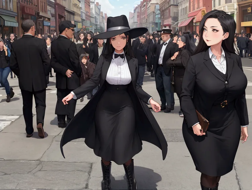 woman in the middle of a crowd on a main street, black hat, black boots, black long cardigan, white dress