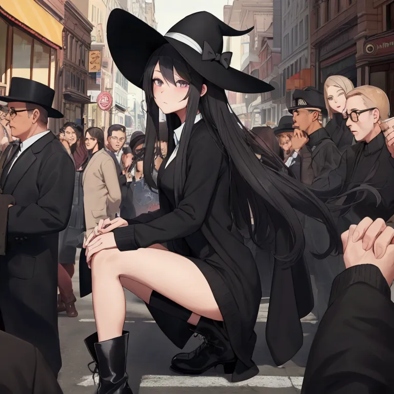 woman in the middle of a crowd on a main street, black hat, black boots, black long cardigan, white dress