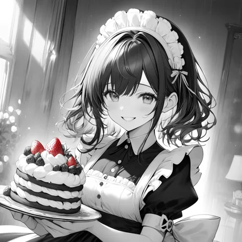 monochrome art,black and white grey,red,redが強調,((redい目,redいいちご,redいリボン)),holding a strawberry shortcake,smiling maid,masterpiece...