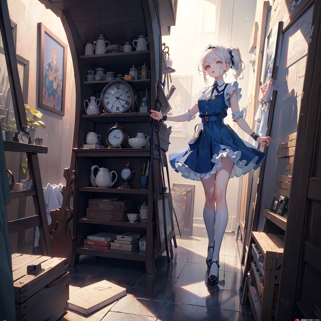 1girl,(((Best Quality、Masterpiece、Official Art、Dynamic composition、Super detailed、Perfect Anatomy)))、Anime Style、Absurd、Large pocket watch in the background、Alice in Wonderland、Alice&#39;s Apron-Style Dress、Long boots、Big ribbon on head、Rabbit in a tuxedo、Fantasy World、Black and magenta palette、