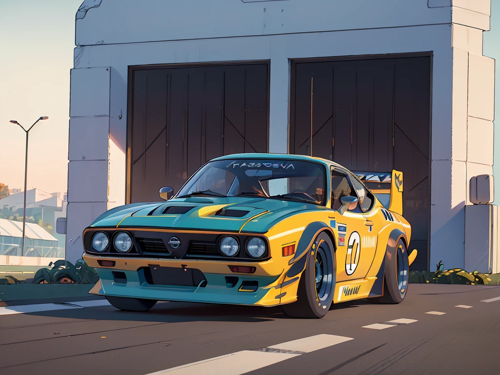 ((masterpiece,Best Quality)), (1970s), Very detailed, 4K, High resolution, Cinematic, Widebody，Nissan Race Car, Cyberback,Vehicle Focus, asphalt, colorful