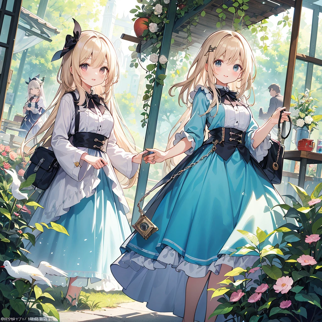 1girl,(((Best Quality、Masterpiece、Official Art、Dynamic composition、Super detailed、Perfect Anatomy)))、Anime Style、Absurd、Large pocket watch in the background、Alice in Wonderland、Alice&#39;s Apron-Style Dress、Long boots、Big ribbon on head、Rabbit in a tuxedo、Fantasy World、Black and magenta palette、