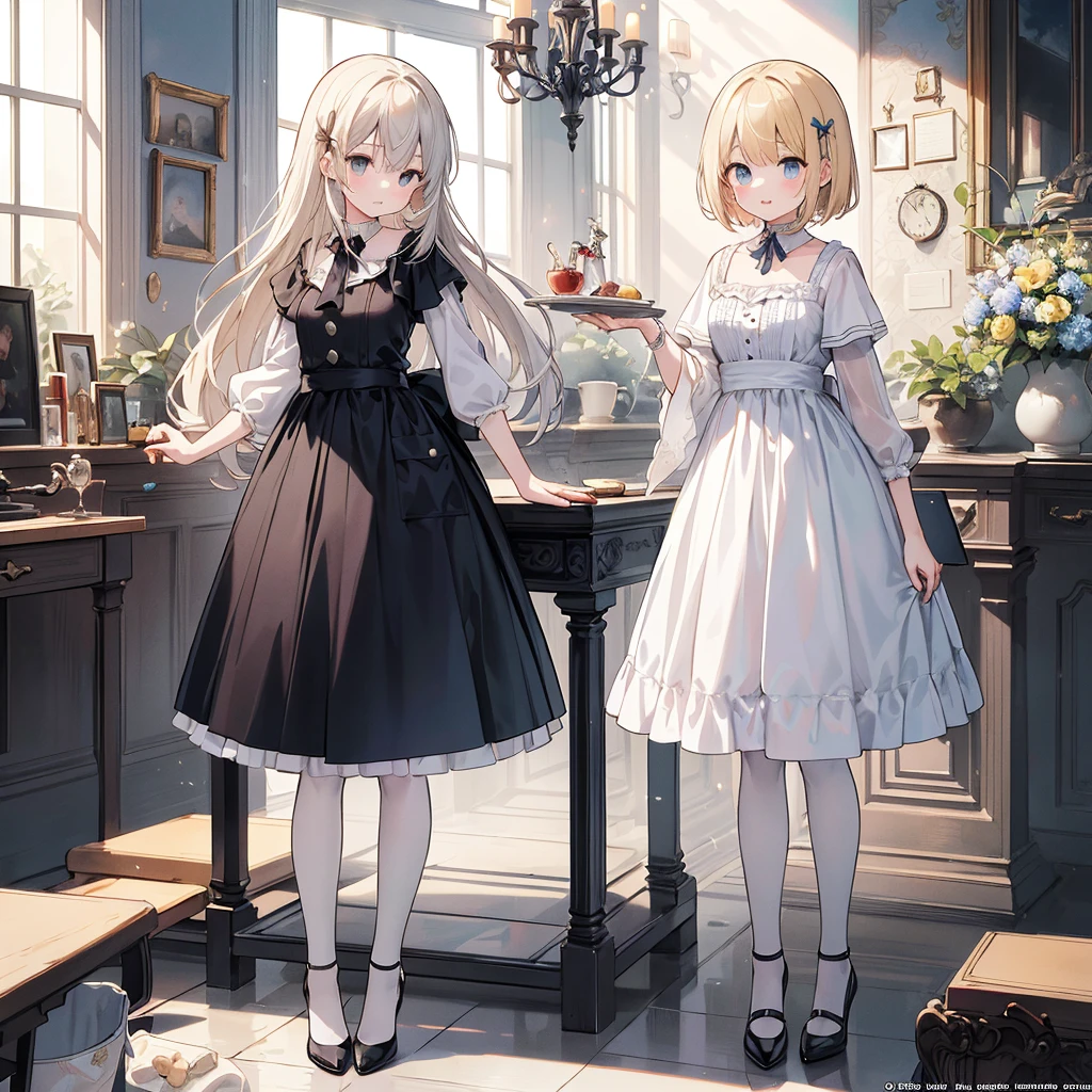 1girl,(((Best Quality、Masterpiece、Official Art、Dynamic composition、Super detailed、Perfect Anatomy)))、Anime Style、Absurd、Large pocket watch in the background、Alice in Wonderland、Alice&#39;s Apron-Style Dress、Long boots、Big ribbon on head、Rabbit in a tuxedo、Fantasy World、Black and magenta palette、