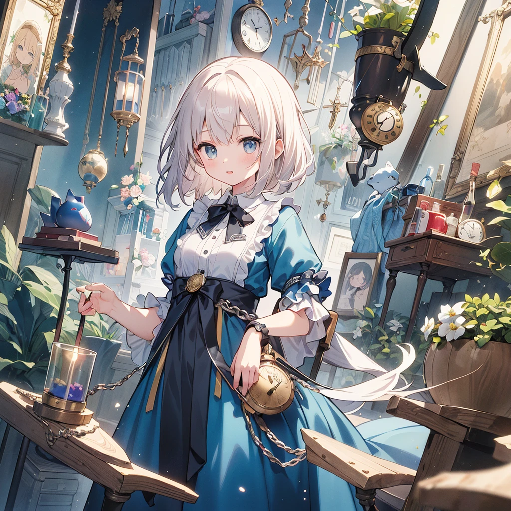 1girl,(((Best Quality、Masterpiece、Official Art、Dynamic composition、Super detailed、Perfect Anatomy)))、Anime Style、Absurd、Large pocket watch in the background、Alice in Wonderland、Alice&#39;s Apron-Style Dress、Long boots、Big ribbon on head、Rabbit in a tuxedo、Fantasy World、Black and magenta palette、