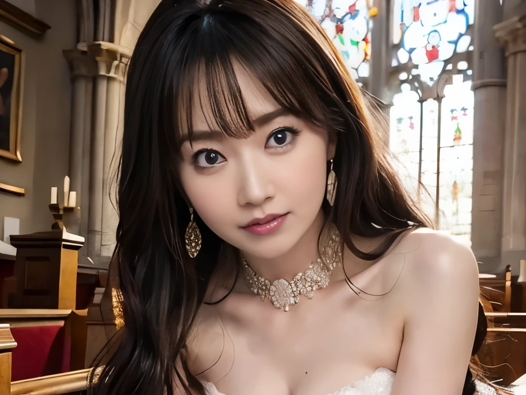 ultra HD, masterpiece, Highest quality, Just One Girl, very pretty,Nice face, Detailed eyes, Lol, Glossy Lips, Detailed eyes, beautiful, sweet, sun glare,red color wedding dress, Depth of written boundary, Blurred Background, with a cathedral background, Particles of light, very Long Hair、bangs,At church,tears,crying