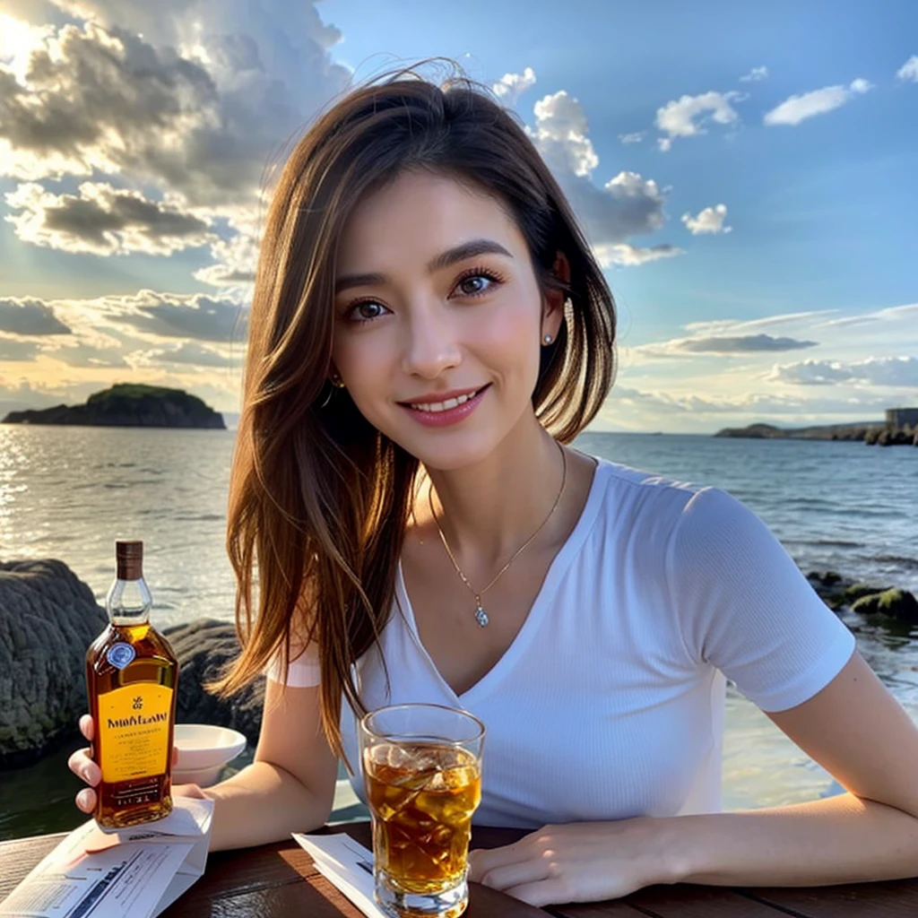 (Realistic, 超Realistic:1.4), 16K HDR, High resolution,Brown short hair,The best smile、Japanese actress,so beautiful(It looks like the real thing),Short sleeve dress,Whiskey Bottle、The Macallan、Johnnie Walker、、Old Parr、whiskey、Suntory、Nikka、Slim couple、Model Couple、(Realistic, Intricate details:1.2), Full course dinner、Whiskey bottle and glass on the table、Single Malt、scotch、Rocks glass、Shot Glasses、Whisky on the Rock、Scotland、Amazing view of the sunset sky and clouds、,Digital SLR camera, Soft lighting, Detailed Background, Written boundary depth, Volumetric lighting, Sharp focus, super Realistic 肌,so beautiful表現です,Cloud Effect:1.2、プロ品質のHigh resolution、Realistic facial features,Best Quality,Slim figure,Highly detailed face,Highly detailed eyes,Beautiful Lips,Excellent light particles,Cinema Lighting,blue eyes,