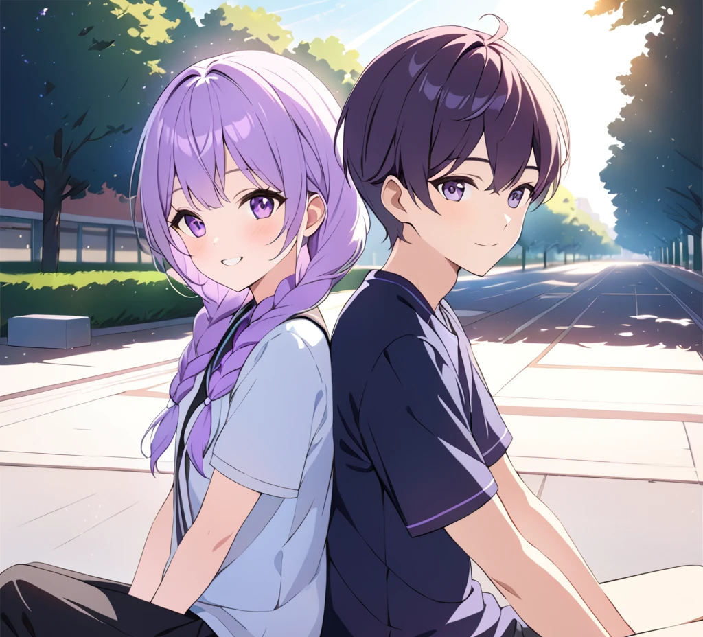 a boy and (a girl with purple and white gradient double braids) sitting side by side, youthful, campus background, sunlight streaming down, fresh and natural, sweet smiles, beautifully detailed, rich in details, high quality depiction, ultra-detailed, vivid colors, portraits, scenic lighting