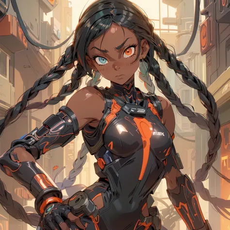 black woman cool ,powerful, (cyberpunk mecha ninja, mecha holographic dress, an orange bracelet:1.2), braids, long hair, (hetero...