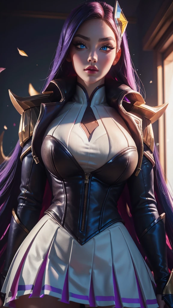 HeartthrobCaitlyn, \(league of legends\), (1girl), (solo), (Full body photo), (low angle shot), (masterpiece:1.0), (best quality:1.4), (ultra highres:1.2), (photorealistic:1.4), 8k resolution, absurdres, ultra detailed, sharp focus, (low light: 1.4), photorealistic, Beautiful face with symmetry, Gradient Eyes, Intense crystal light blue eyes, Intense highlighting of the eyes, Slightly bigger eyes, Double eyelids, lipgloss, Full lips, (Perfect Slim Body),pleated skirt, big ass, thick thighs, mid breasts, place school 
