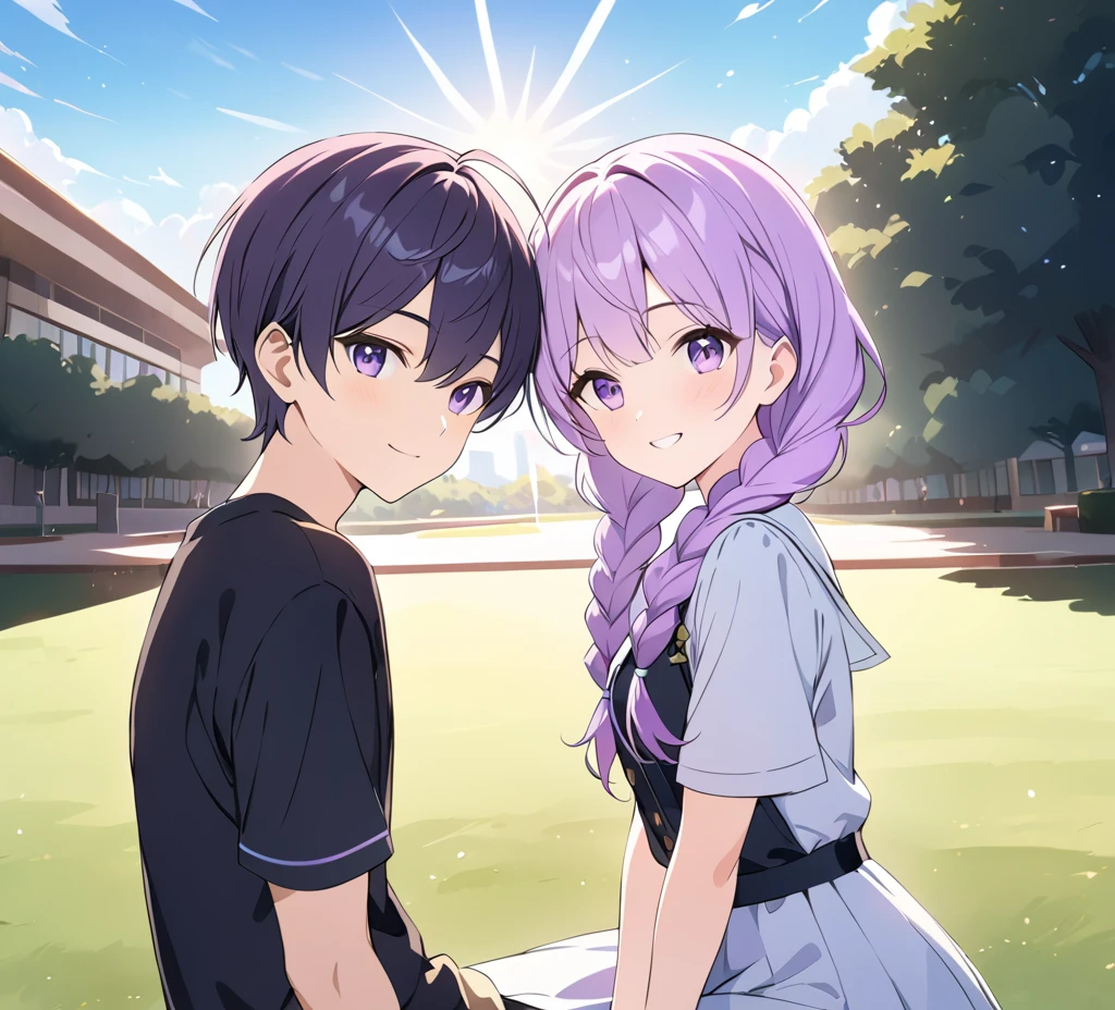 a boy and (a girl with purple and white gradient double braids) sitting side by side, youthful, campus background, sunlight streaming down, fresh and natural, sweet smiles, beautifully detailed, rich in details, high quality depiction, ultra-detailed, vivid colors, portraits, scenic lighting