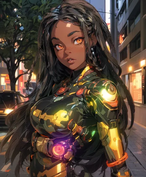 black woman cool, powerful, (cyberpunk mecha ninja, mecha holographic dress, an orange bracelet:1.2), braids, long hair, (hetero...