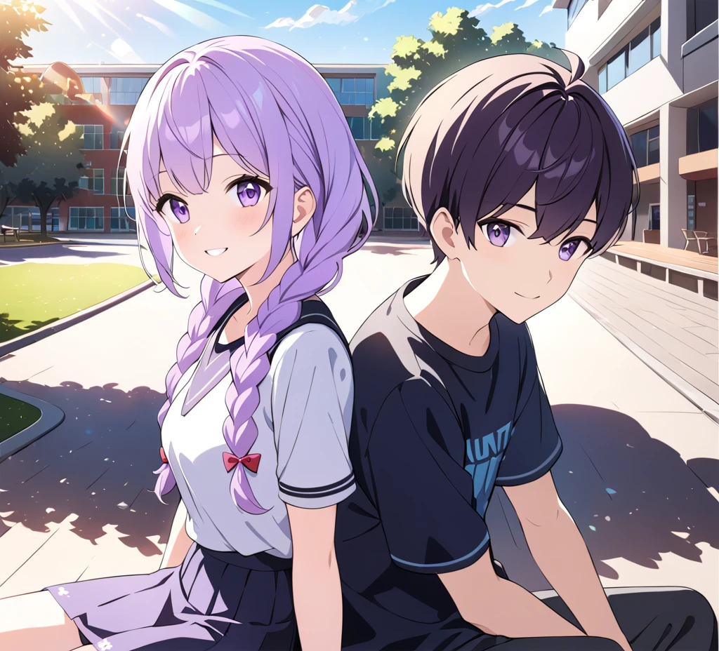 a boy and (a girl with purple and white gradient double braids) sitting side by side, youthful, campus background, sunlight streaming down, fresh and natural, sweet smiles, beautifully detailed, rich in details, high quality depiction, ultra-detailed, vivid colors, portraits, scenic lighting