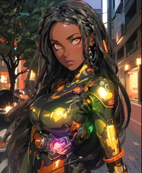 black woman cool, powerful, (cyberpunk mecha ninja, mecha holographic dress, an orange bracelet:1.2), braids, long hair, (hetero...