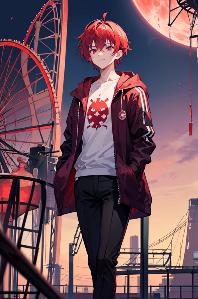 Face through torso, 1man, mature male in his 20s, short hair(Red hair, hair between eyes), sharp and masculine purple eyes(no highlights), sinister smile, mysterious aura like a mastermind behind all events, wearing white hoodie under casual jacket, black pants, controlling red death energy, standing in front of a closed amusement park's Ferris wheel at night with a blood-red moon in the background