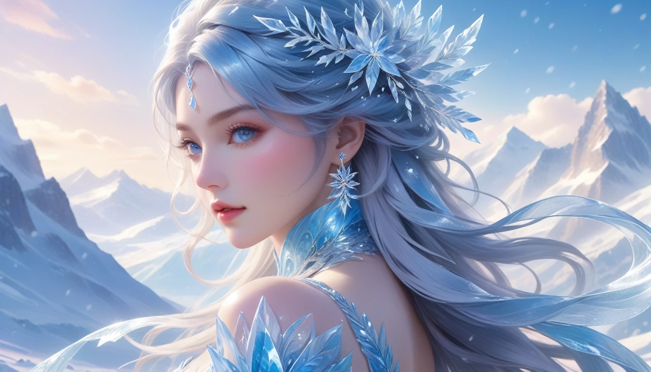 A Masterpiece In 32K Resolution, Supreme Quality, Super Detail, Official Art, Very High-Resolution 32K Wallpaper, Divine And Aesthetic, Ultra-Detailed Features, Awe-Inspiring Detail. A Glistening Mountain Summit With (Falling Snow), (Crystalline Ice Peaks), And Skin With A Frost-Like Sheen (Highlight Her Ample Breasts). A Girl With A Cold, Commanding Expression, Flowing Glacial Blue Hair, Windswept Yet Regal, And Pale Silver Eyes That Shimmer Like Ice. Her Features Are Sharp And Stunningly Elegant, Accentuated By (Crisp, Distant Sunlight). (Superbly Detailed Beauty), With A Sense Of Power And Calm, Set Against The Harsh Beauty Of The Frozen Landscape. The Reflections In The Ice Mirror The Fine Details Of The Scene, Her (Chiselled Face) Exuding Timeless Beauty. This Work Of Art Captures An Ultra-Precise, Detailed Figure That Is Both Powerful And Incredibly Graceful.