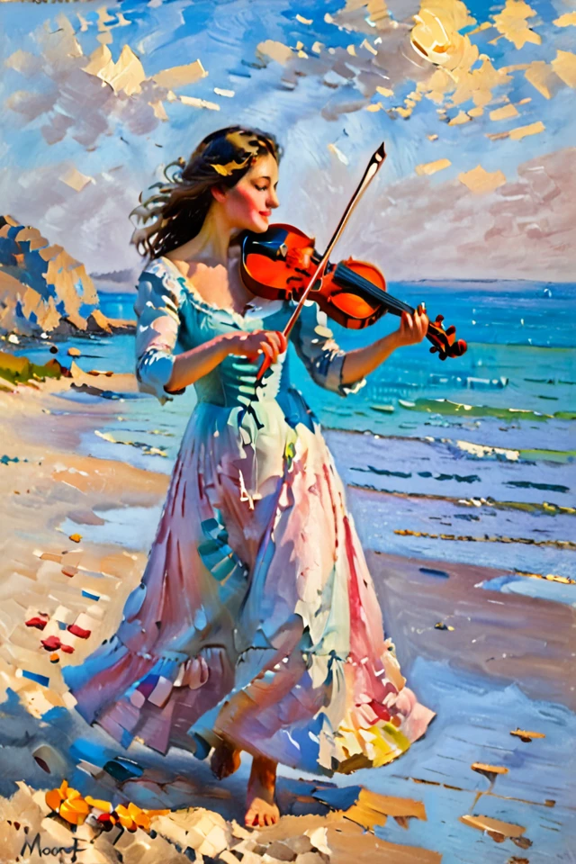 Impressionist-style paintings, a woman standing on the beach at dusk playing a violin, a dress fluttering in the wind, vivid colors and soft brush strokes, beautiful contrast between light and shadow, Claude Monet's style, high resolution, artistic and moving atmosphere