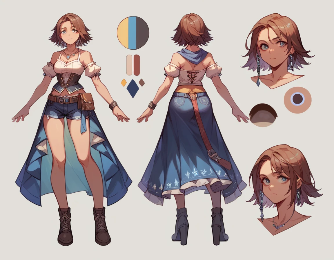 Best Quality,masterpiece,Ultra-high resolution,（One girl:1.3）Yuna in a bustier　 Character design sheet
