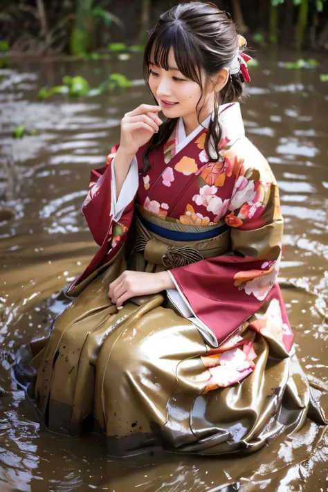 realistic, hakama, japanese clothing, woman, furisode, clothes that stick to the skin, muddy clothes, clothes stained with mud, ...