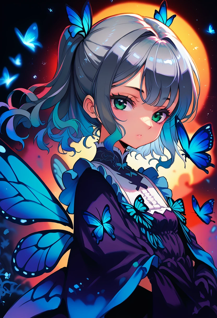 ((masterpiece)), (((best quality))), ((extremely detailed)), colorful, hdr, 1girl, solo, upper body, grey hair,green eye, luotianyi (xiachong),xiachong, black and purple dress, (blue butterfly), white butterfly wings