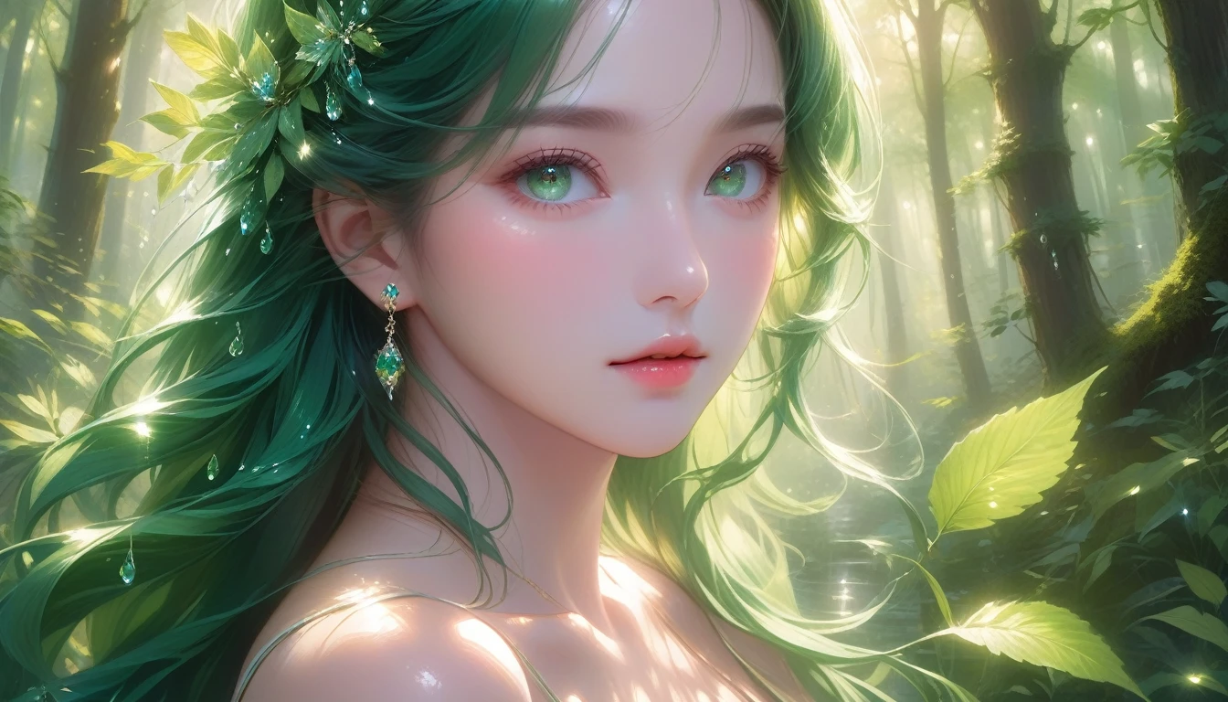 A Masterpiece In 32K Resolution, Supreme Quality, Super Detail, Official Art, Very High-Resolution 32K Wallpaper, Serene And Aesthetic, Ultra-Detailed Features, Awe-Inspiring Detail. A Lush Forest With (Sunlight Filtering Through Leaves), (Dew-Drops On The Grass), And Skin With A Gentle, Dewy Glow (Highlight Her Ample Breasts). A Girl With A Soft, Thoughtful Expression, Flowing Dark Green Hair, Cascading Like Vines, And Bright Emerald Eyes That Sparkle With Life. Her Features Are Delicate And Breathtaking, Wrapped In (Sunlit Forest Shadows). (Beautifully Detailed Beauty), With Gentle Expressions That Echo The Peaceful Atmosphere. The Water Reflects The Forest's Rich Colors, And Her (Graceful Face) Is Brought To Life With Unmatched Precision. This Original Artwork Captures The Essence Of Nature, Showcasing A Figure Both Harmonious And Incredibly Detailed.