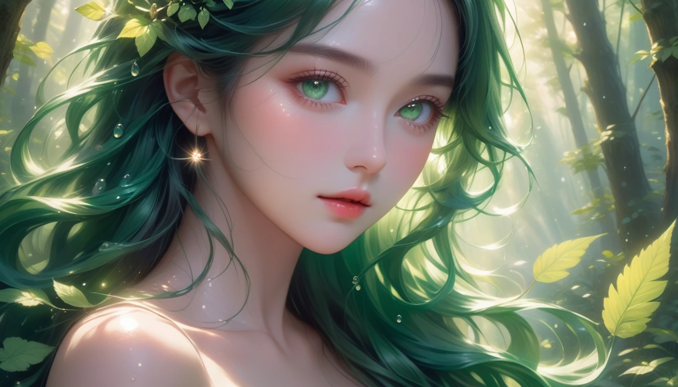 A Masterpiece In 32K Resolution, Supreme Quality, Super Detail, Official Art, Very High-Resolution 32K Wallpaper, Serene And Aesthetic, Ultra-Detailed Features, Awe-Inspiring Detail. A Lush Forest With (Sunlight Filtering Through Leaves), (Dew-Drops On The Grass), And Skin With A Gentle, Dewy Glow (Highlight Her Ample Breasts). A Girl With A Soft, Thoughtful Expression, Flowing Dark Green Hair, Cascading Like Vines, And Bright Emerald Eyes That Sparkle With Life. Her Features Are Delicate And Breathtaking, Wrapped In (Sunlit Forest Shadows). (Beautifully Detailed Beauty), With Gentle Expressions That Echo The Peaceful Atmosphere. The Water Reflects The Forest's Rich Colors, And Her (Graceful Face) Is Brought To Life With Unmatched Precision. This Original Artwork Captures The Essence Of Nature, Showcasing A Figure Both Harmonious And Incredibly Detailed.